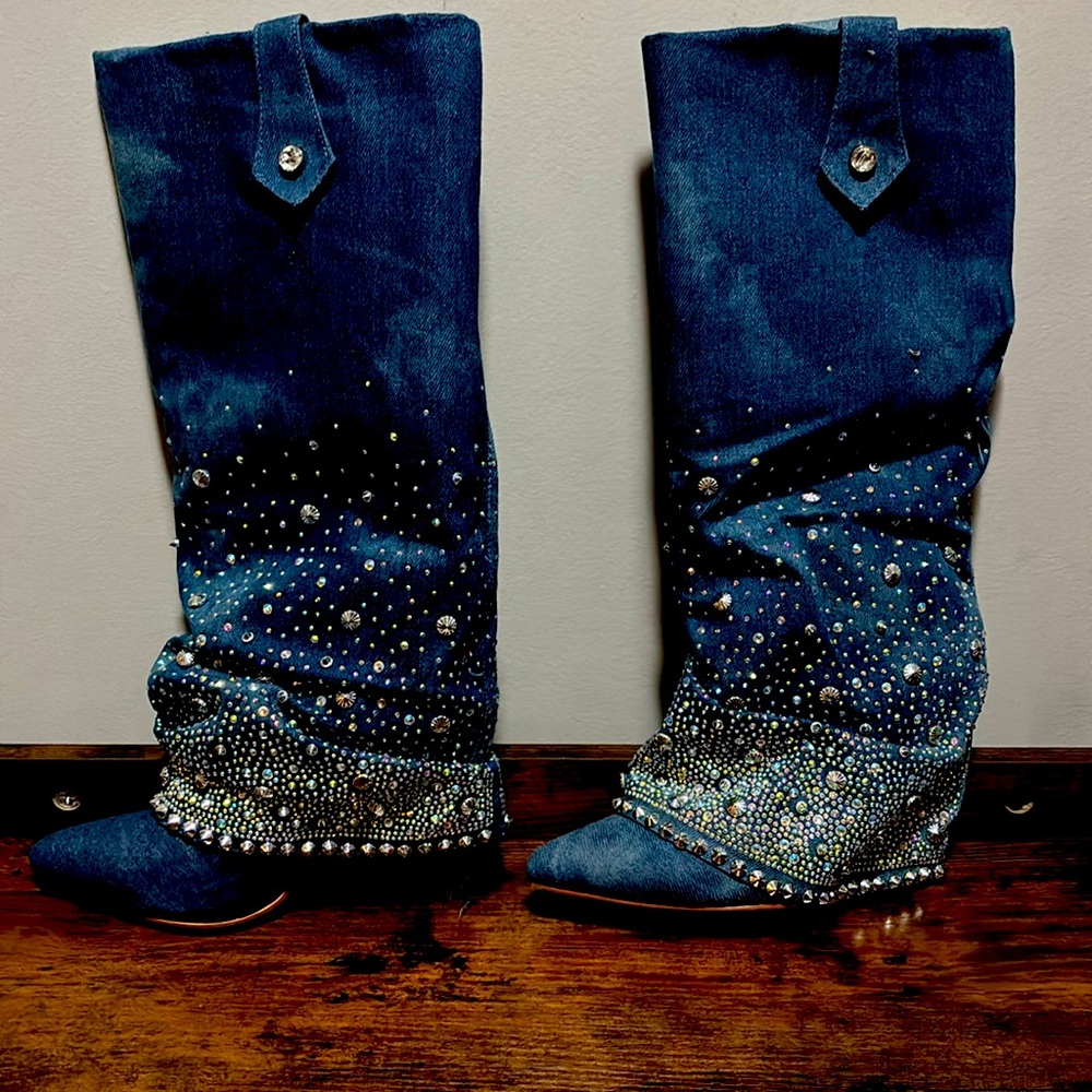 Azalea Wang Embellished Denim Knee-High Boots